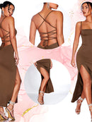 Vestido LONGO elegante com costas nuas trançadas Fenda Lateral Empina Bumbum Colado Novo