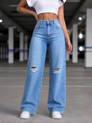 Calça Jeans Feminina Wide Leg rasgada pantalona