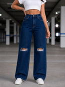 Calça Jeans Feminina Wide Leg rasgada pantalona